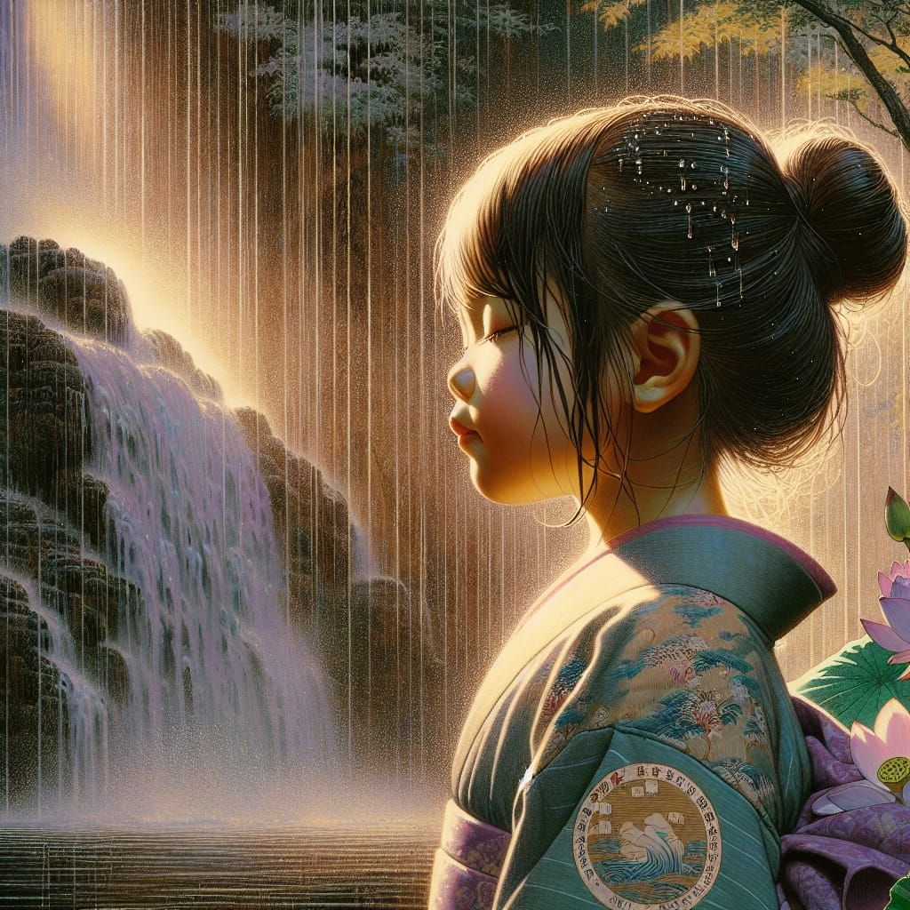 Serene Child by Waterfall in Ukiyo-e Style