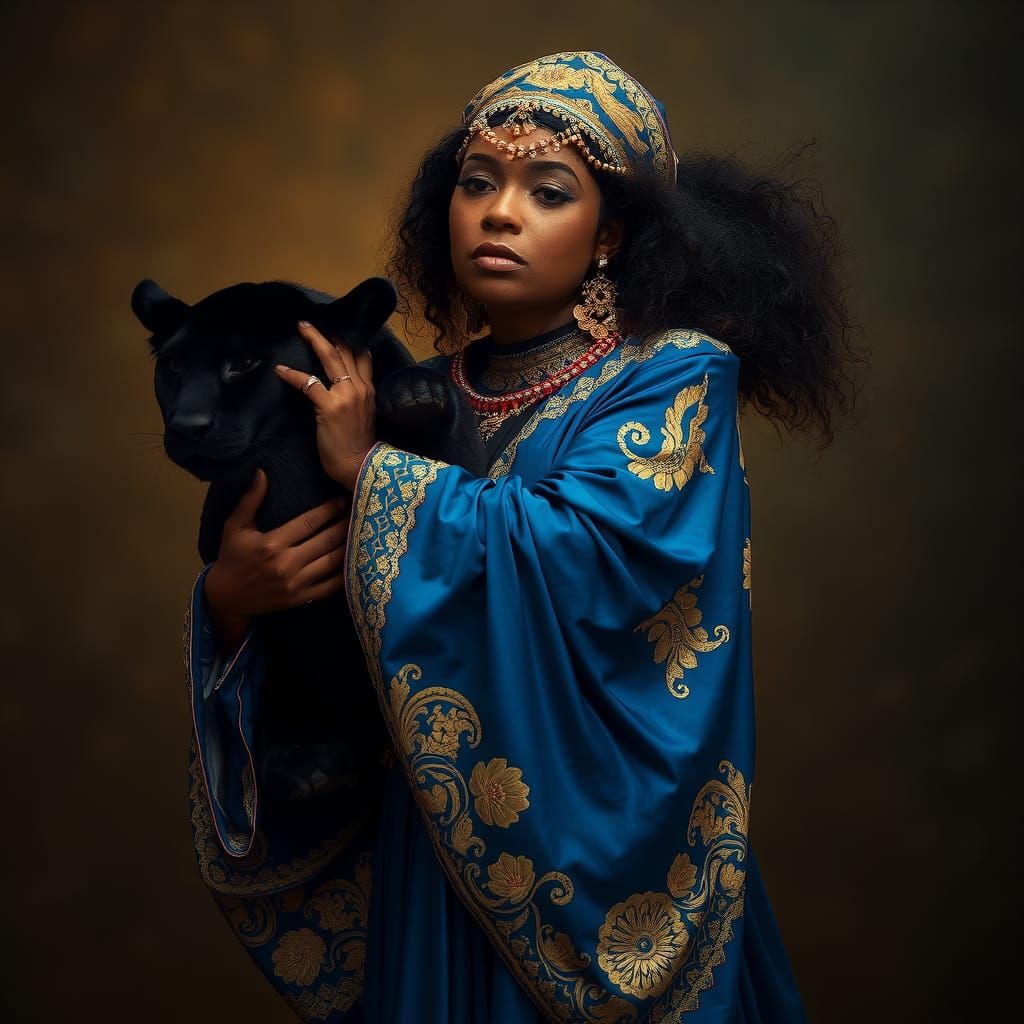 Mystical Woman with Panther in Moody Lighting