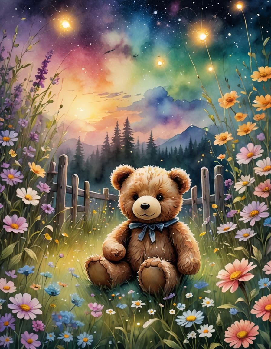 Fantasy Teddy Bear in Floral Meadow: 3D Watercolor