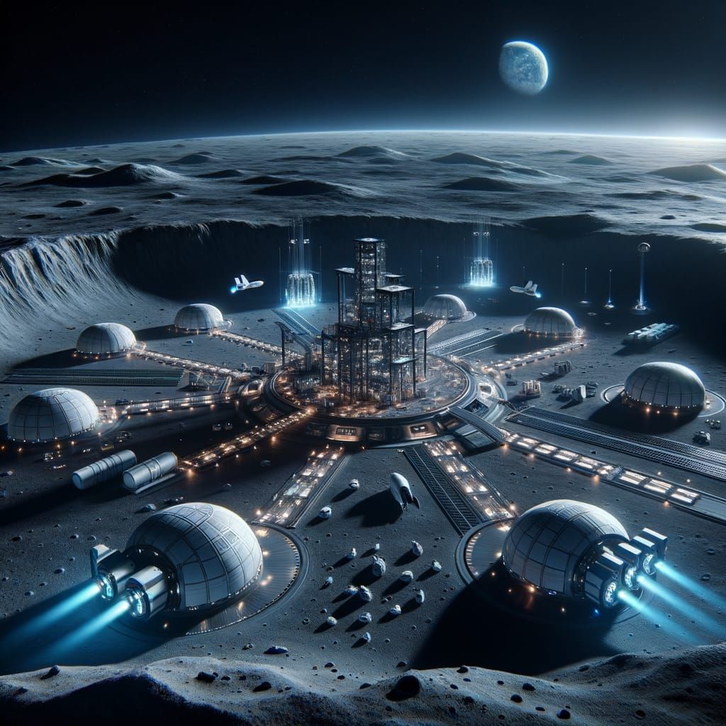 Lunar Base on Dark Side of Moon at Night