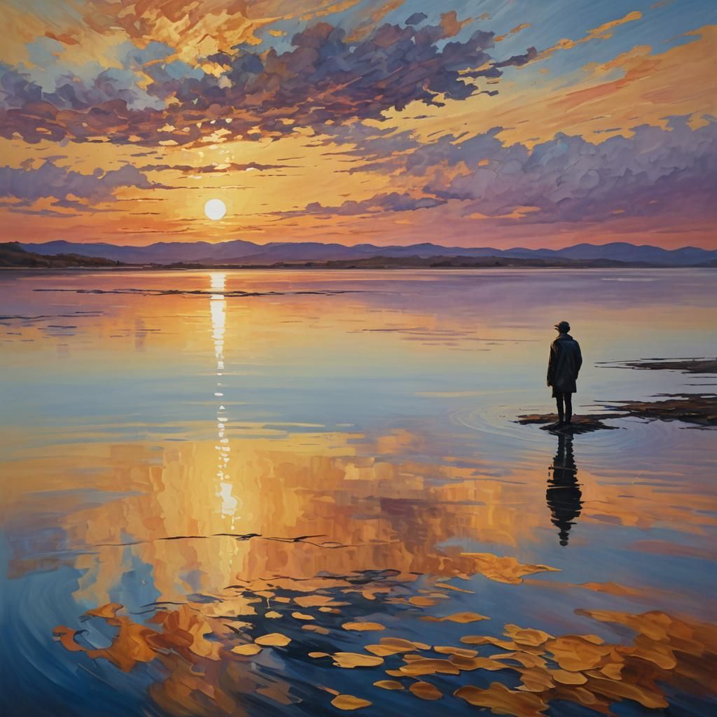 Serene Lakeside Figure in Surreal Expressionist Style