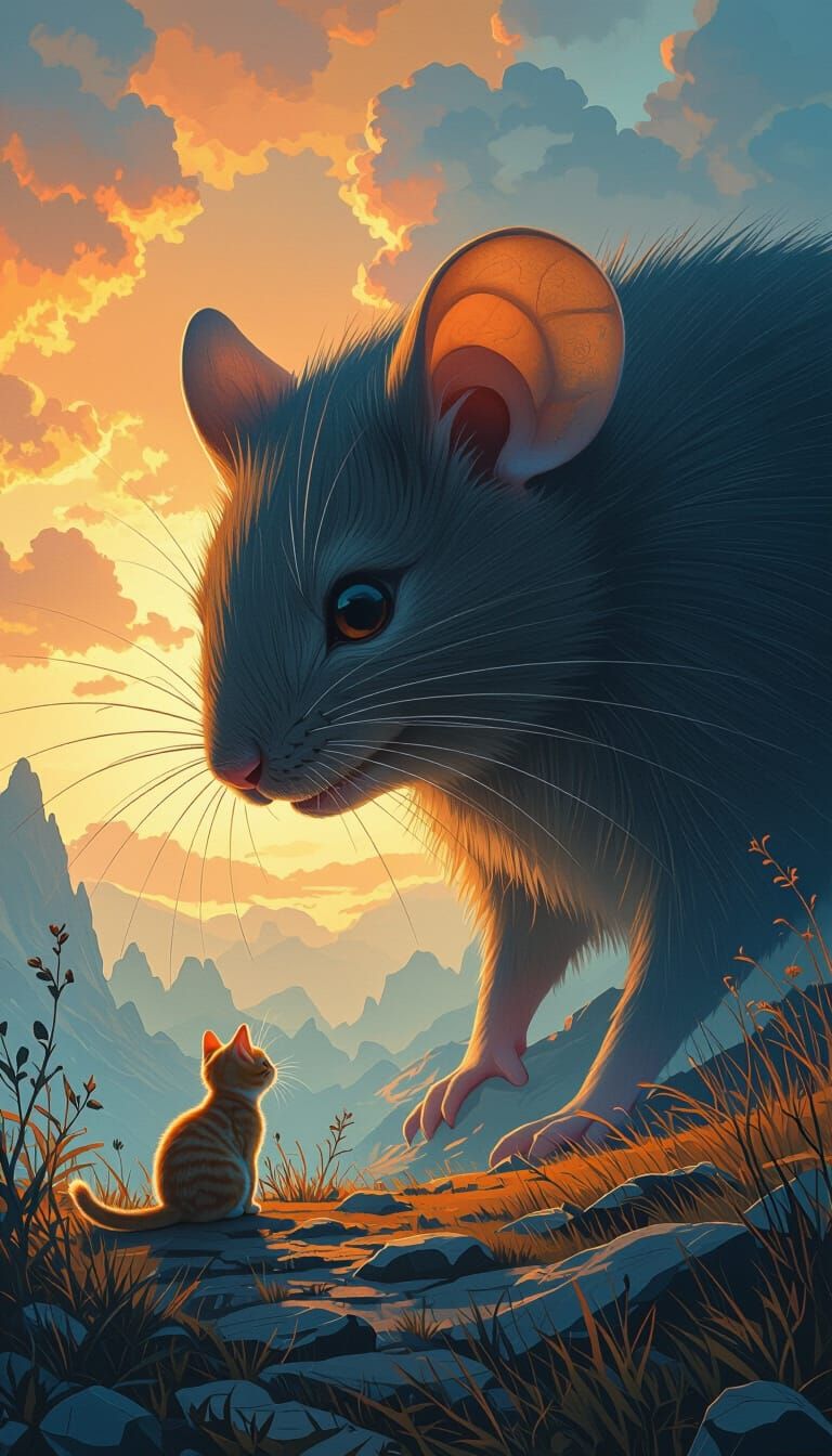 Giant Mouse Dominates Tiny Cat in Dreamlike Landscape