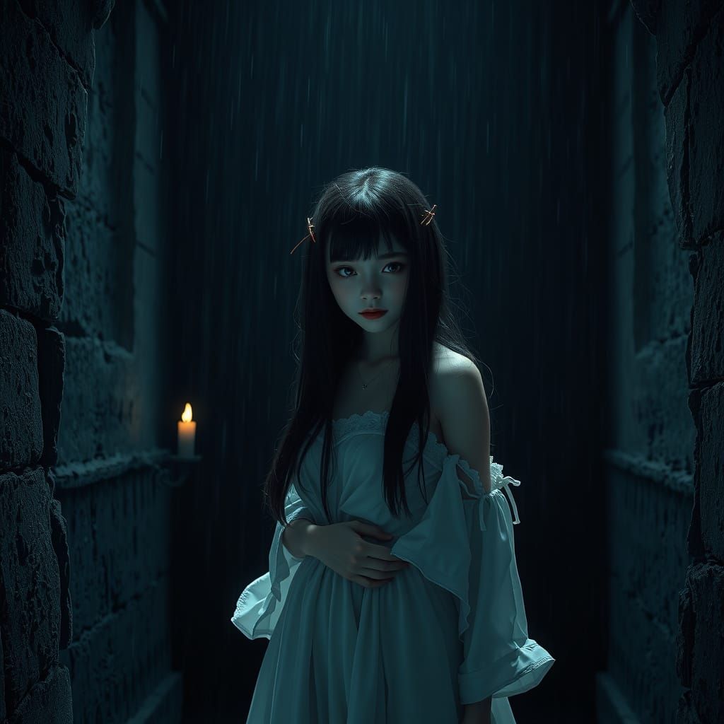 Ethereal Japanese Girl in Dark Castle: Hyperrealistic Image