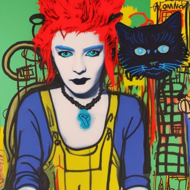 Steampunk Witch with Black Cat, Acrylic Painting