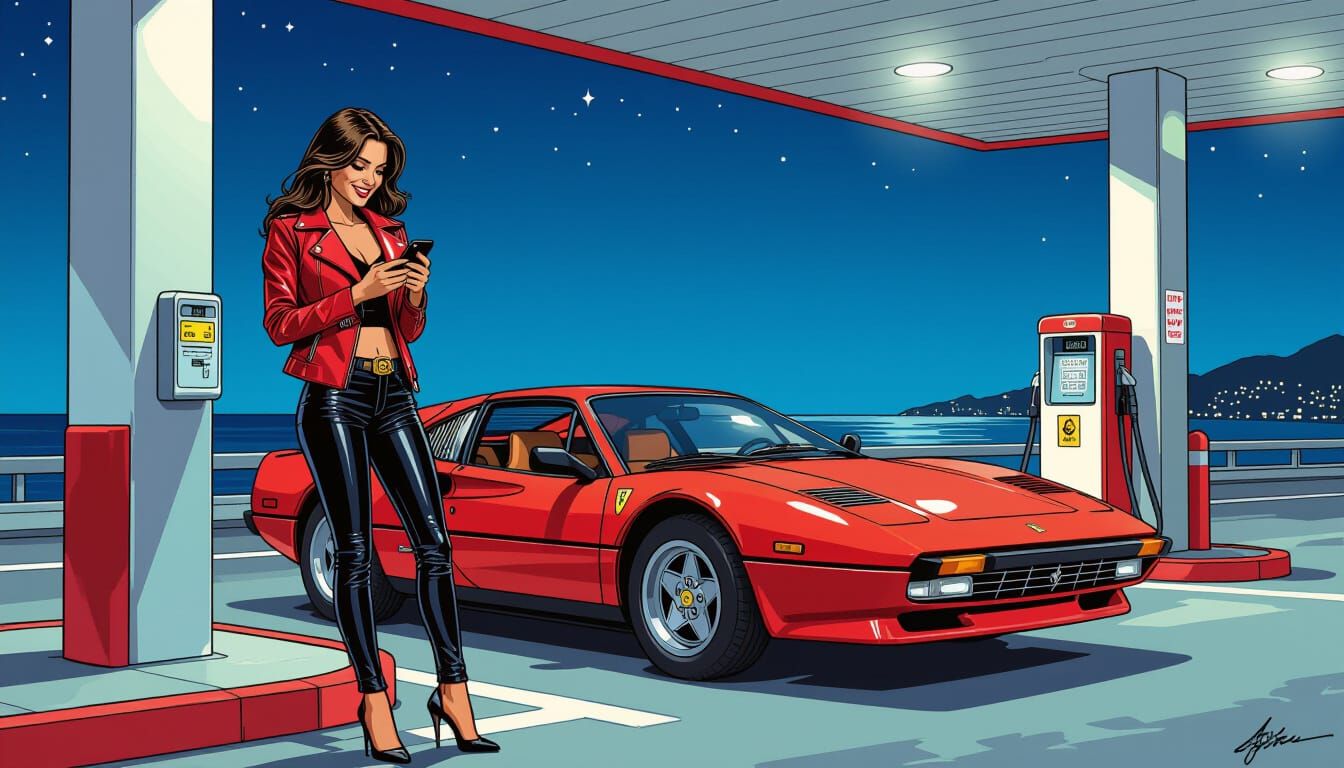 Brunette in Red Ferrari, Comic Art Style