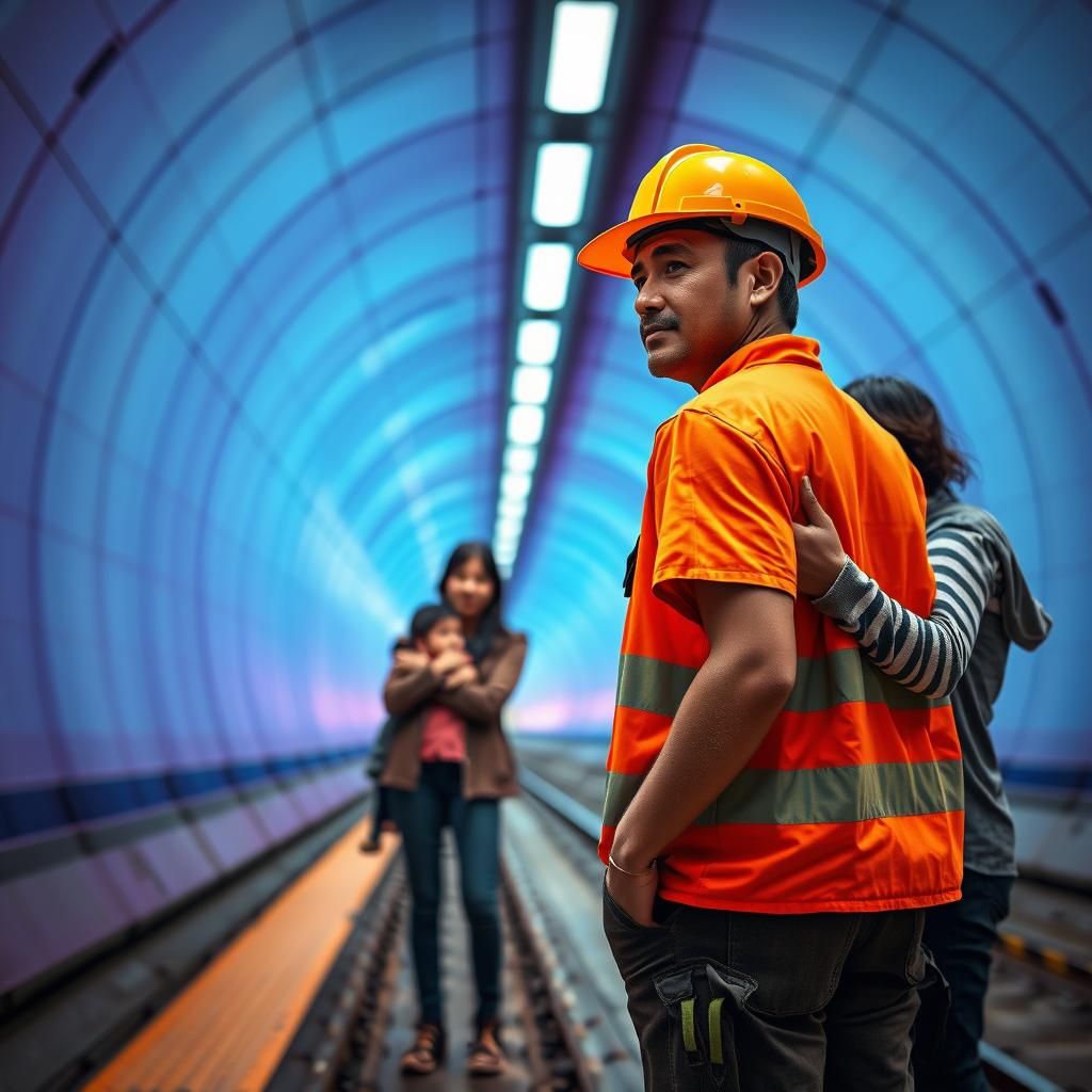 Construction Worker's Reunion in MRT Tunnel: 3D Rendered Sce...