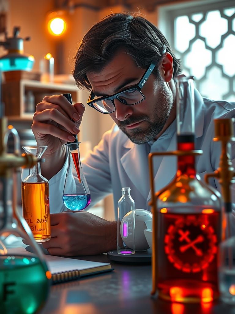 Scientist Analyzes Glowing Potions in Sunlit Lab