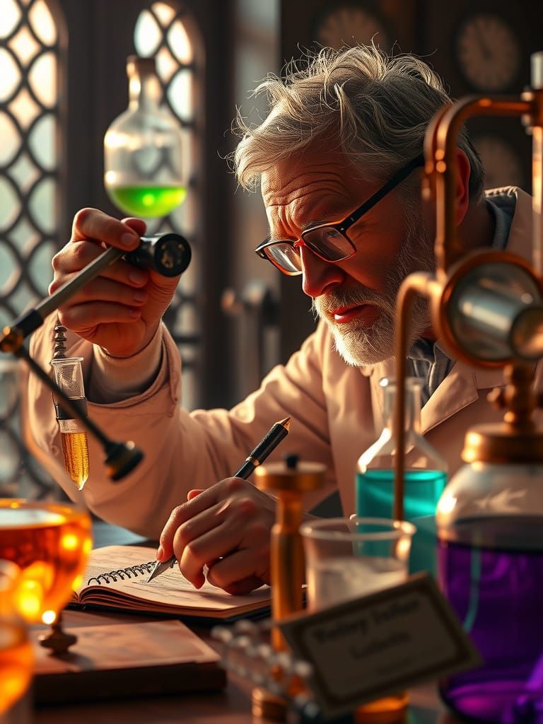 Scientist Analyzing Glowing Potions in a Cozy Lab