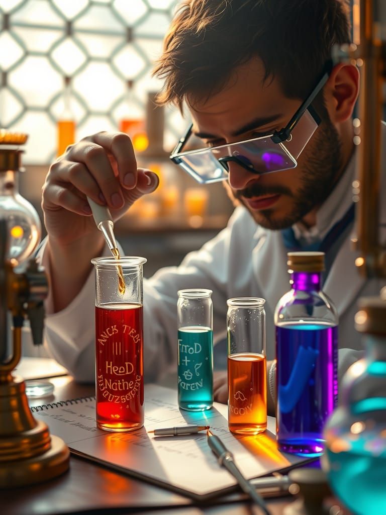 Scientist Analyzing Glowing Potions in Cozy Lab
