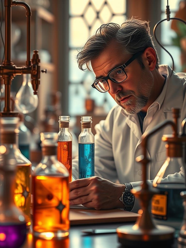 Scientist Analyzing Glowing Potions in Cozy Lab