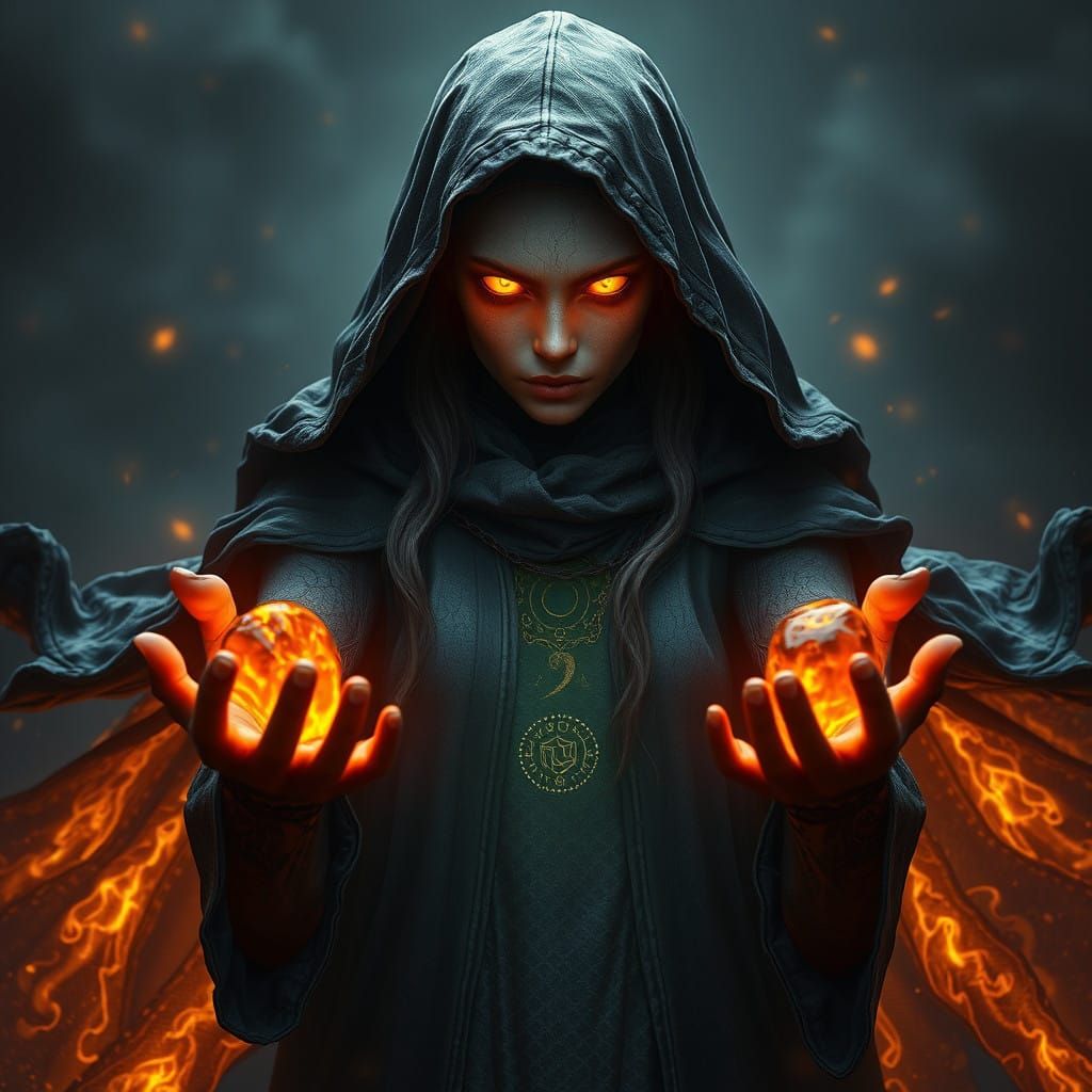 Mystical Ashen Seer Emerges from Fiery Shadows