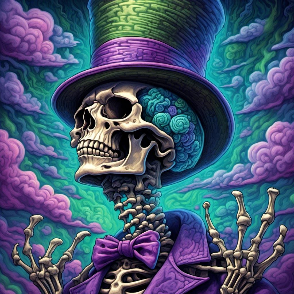 <lora:Brainwave:1.0> A skeleton with a top hat scratches his brain with his bony finger