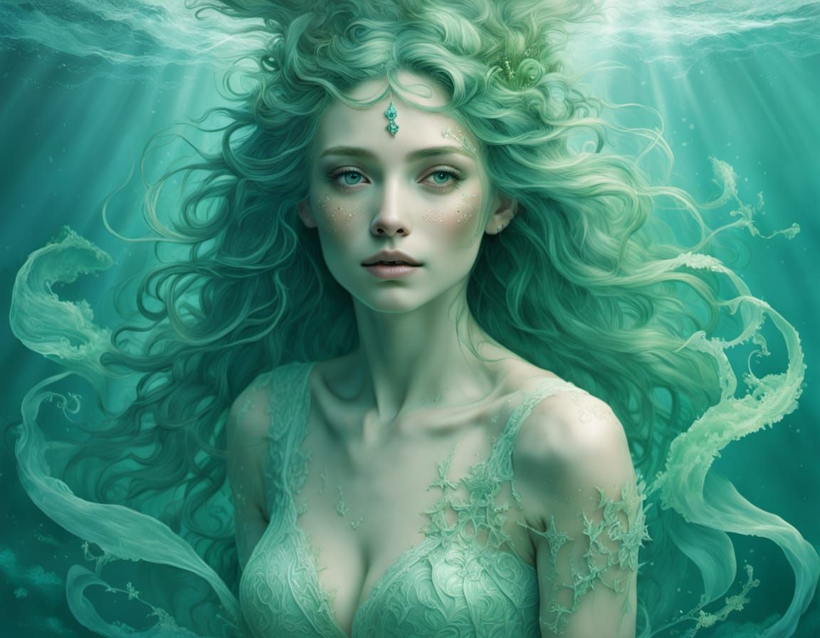 Enchanting Goddess Emerge from Ocean Waves in Stipple Art