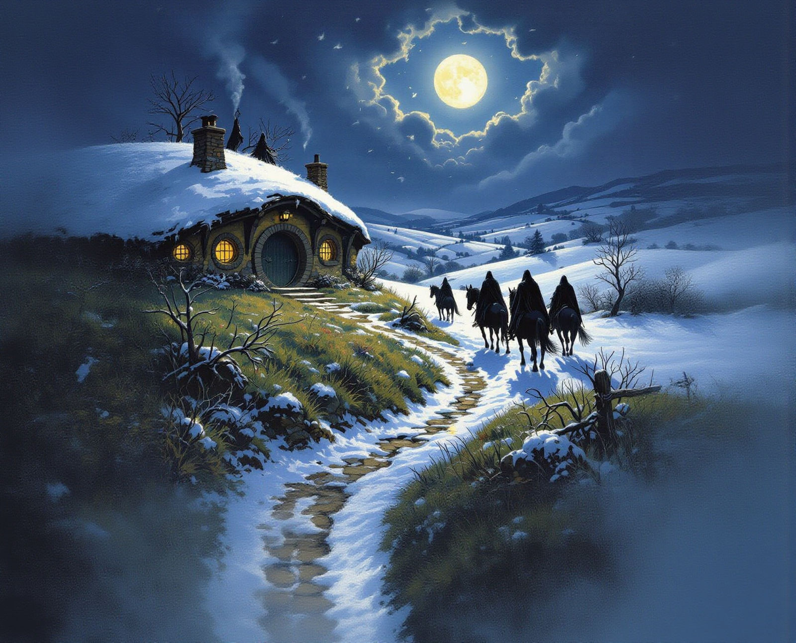 Hobbit Home in Winter Hills Approached by Nazgûl on Horsebac...