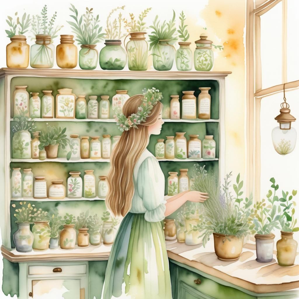 A Whimsical Apothecary Scene in Vintage Watercolor Style