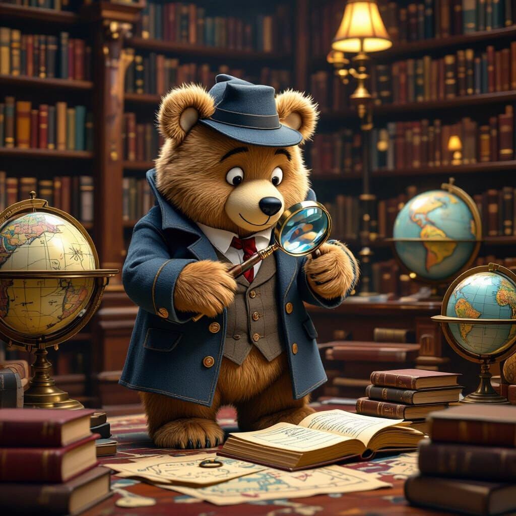 Sherlock Bear Investigates in a Cartoon Library