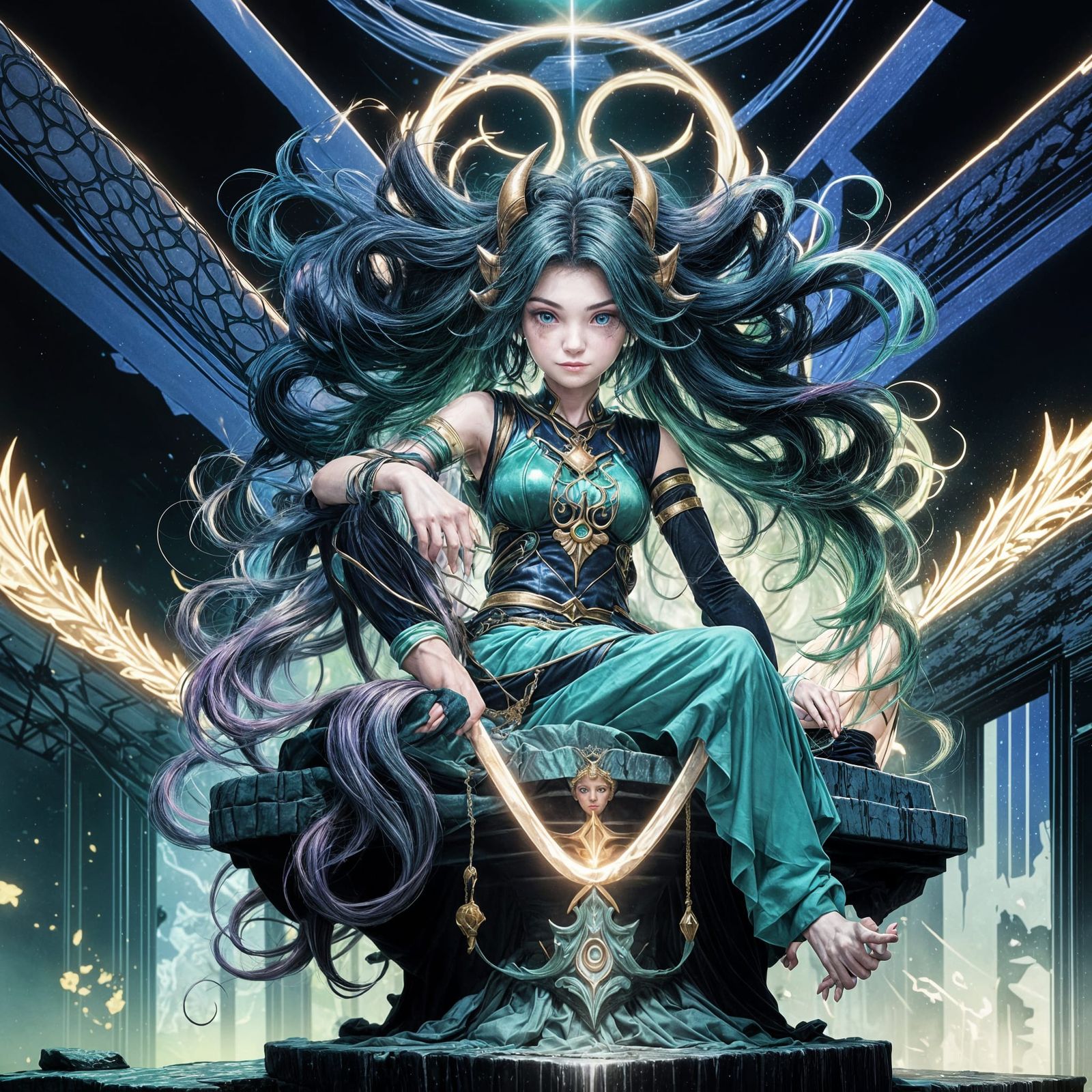 Petite Woman with Green Hair and Golden Jewelry