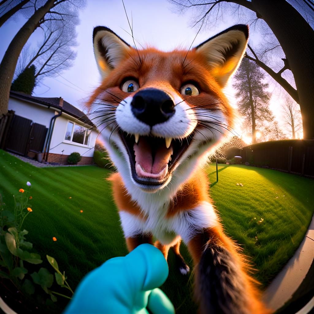 Grinning Fox Selfie in Misty Garden