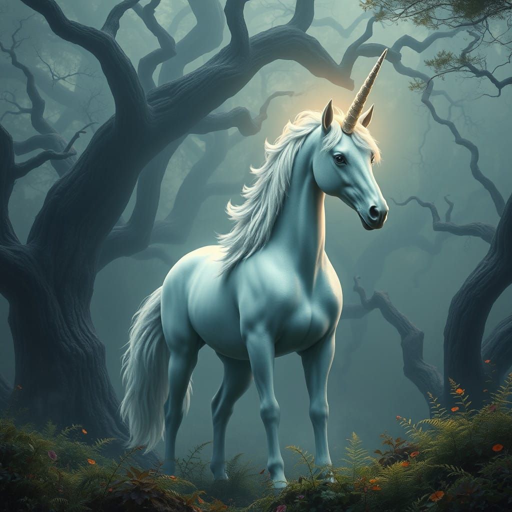 Majestic Unicorn in Mystical Forest, Cyberpunk Fantasy Style