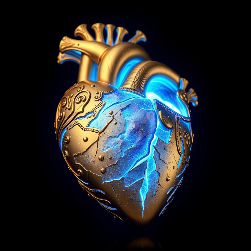 Golden Heart Radiates Electric Blue Glow in Baroque-Inspired...