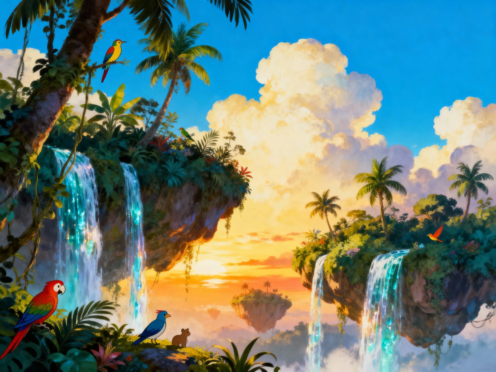 Lush Floating Islands at Sunset, Realistic Painterly Style
