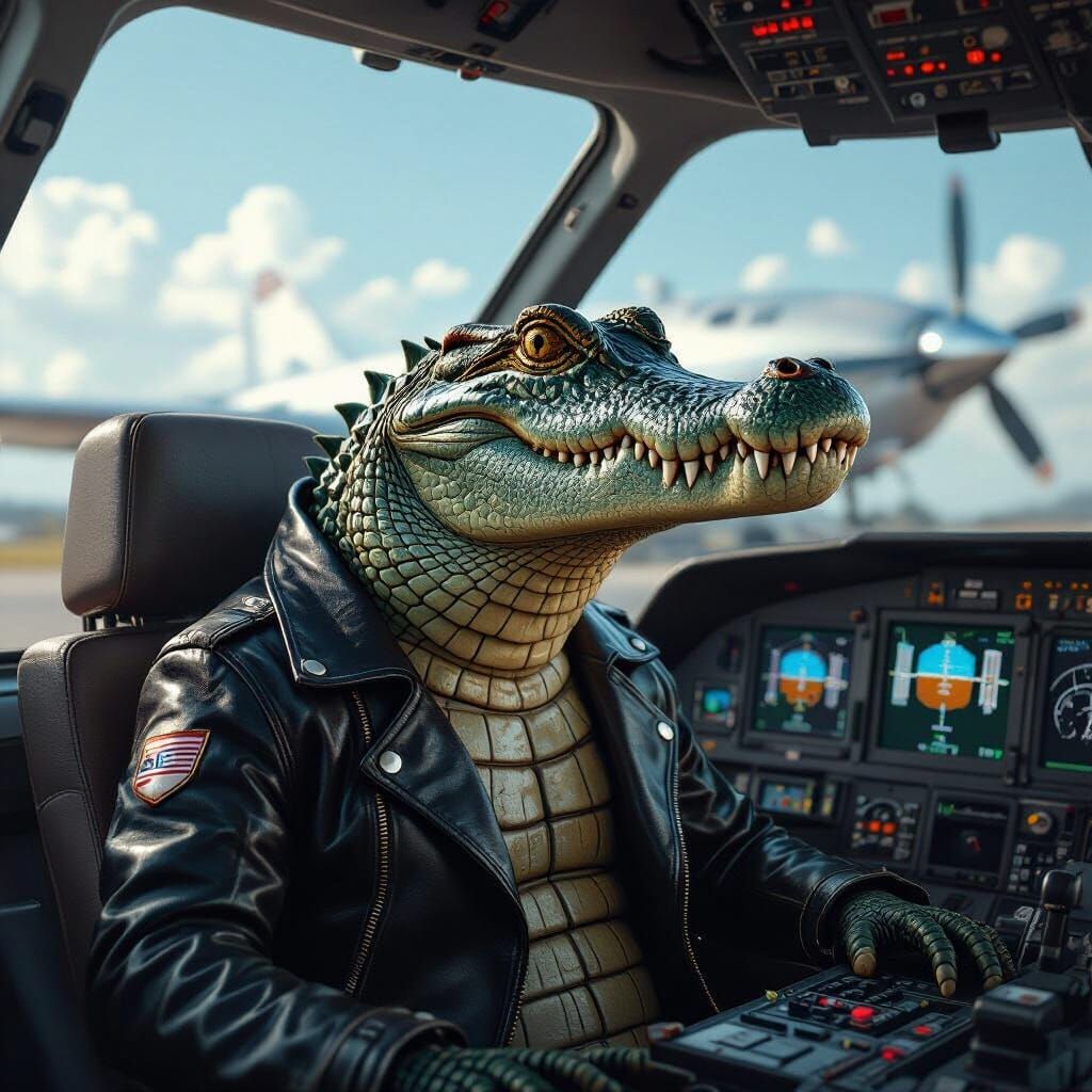 Crocodile Pilot in Airplane Fuselage, Surreal Art