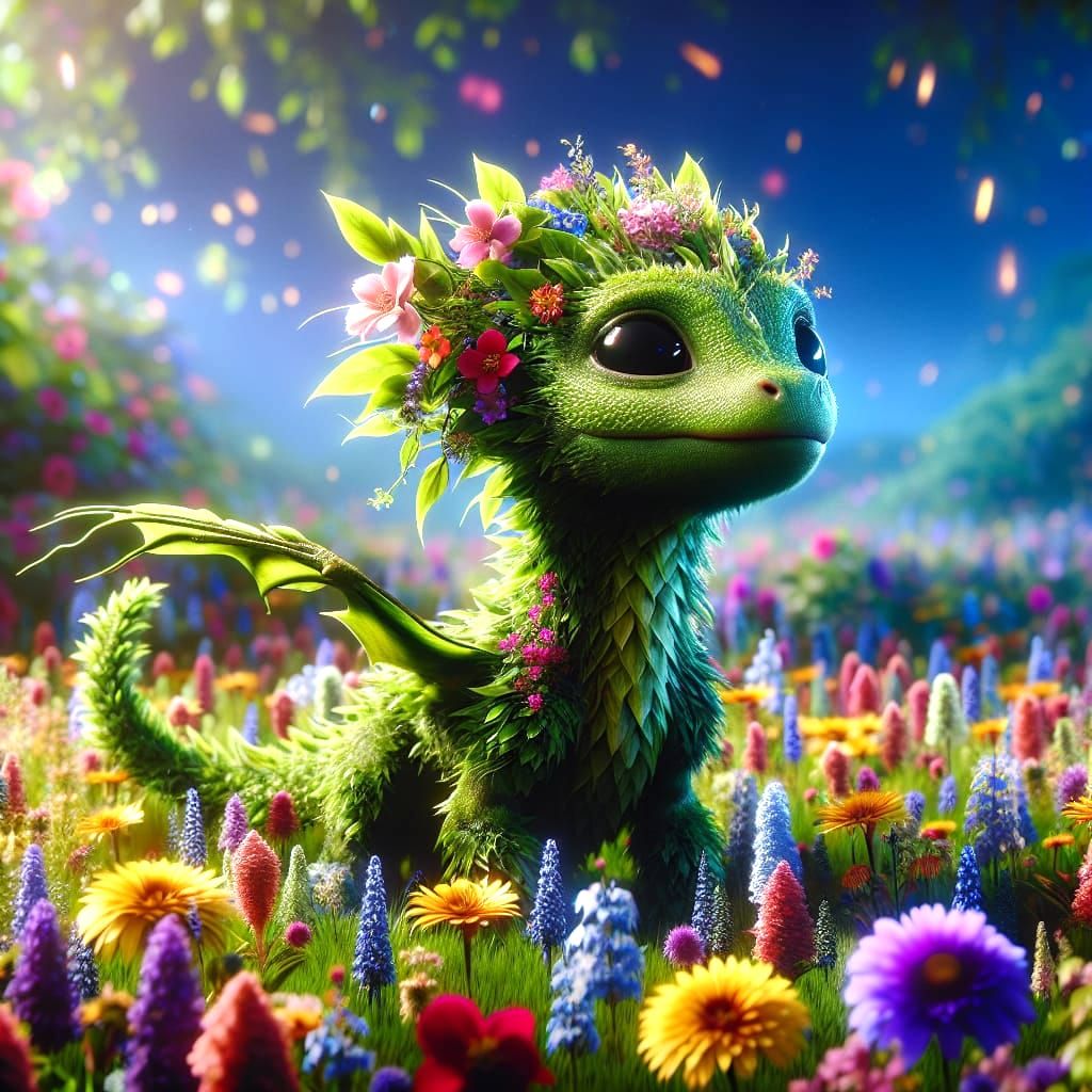 Whimsical Baby Dragon Amidst Vibrant Wildflowers in Fantasy...
