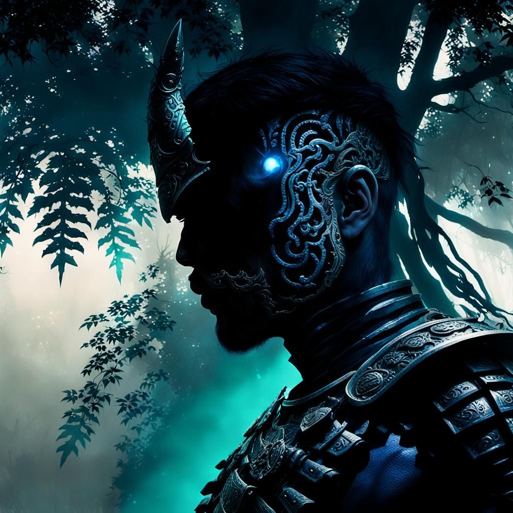 Indonesian Warrior in Glowing Forest, High Fantasy Art