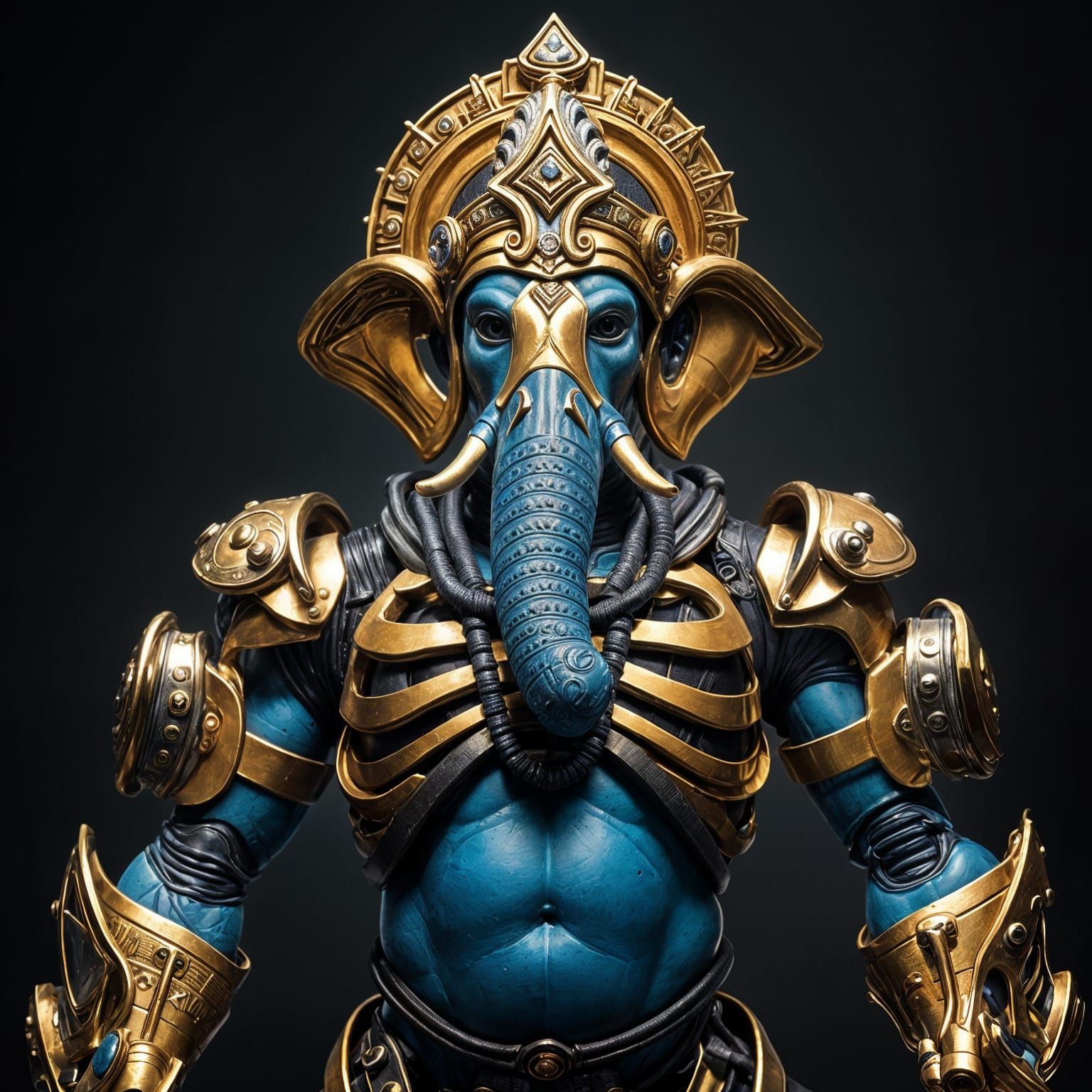 Elongated Humanoid in Golden Exoskeleton with Four Arms