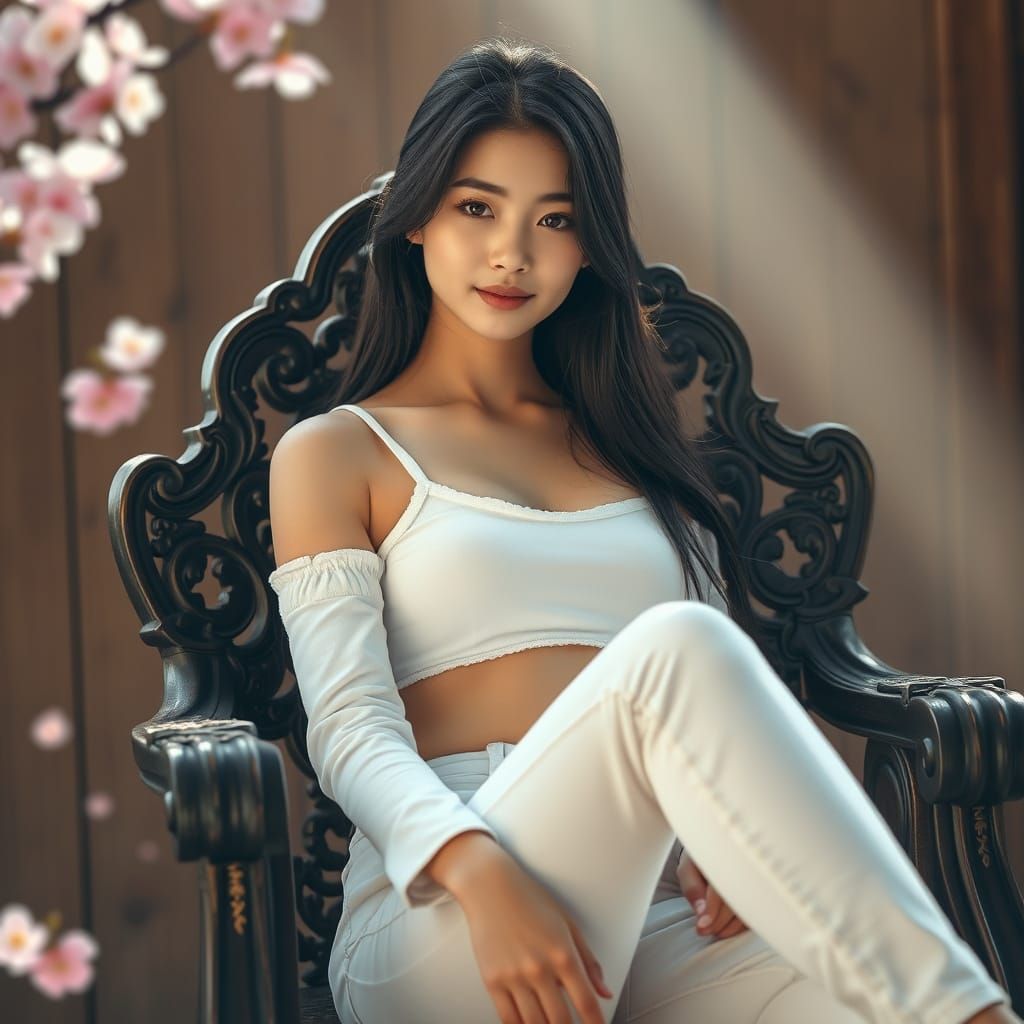 Photorealistic Portrait of Japanese Woman on Antique Chair