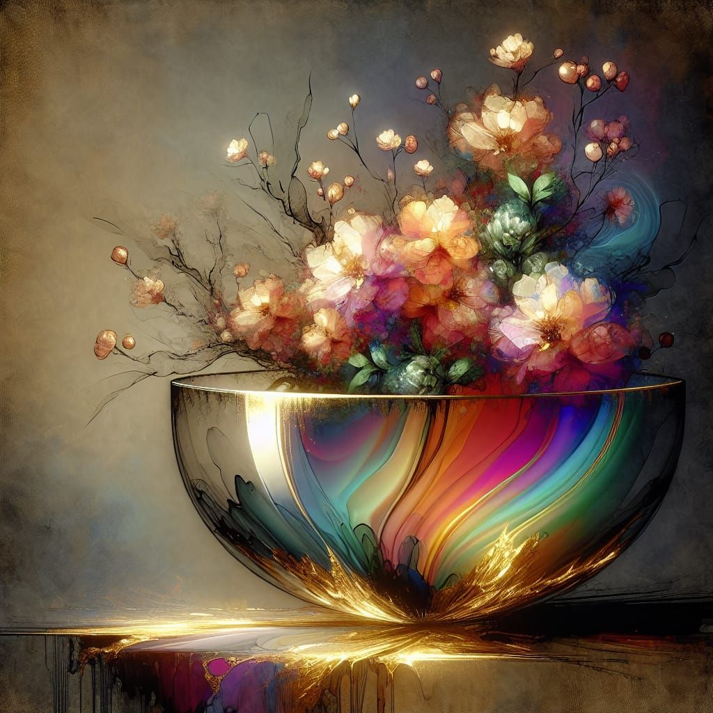 Iridescent Glass Bowl with Floral Bouquet, Alcohol Ink Art