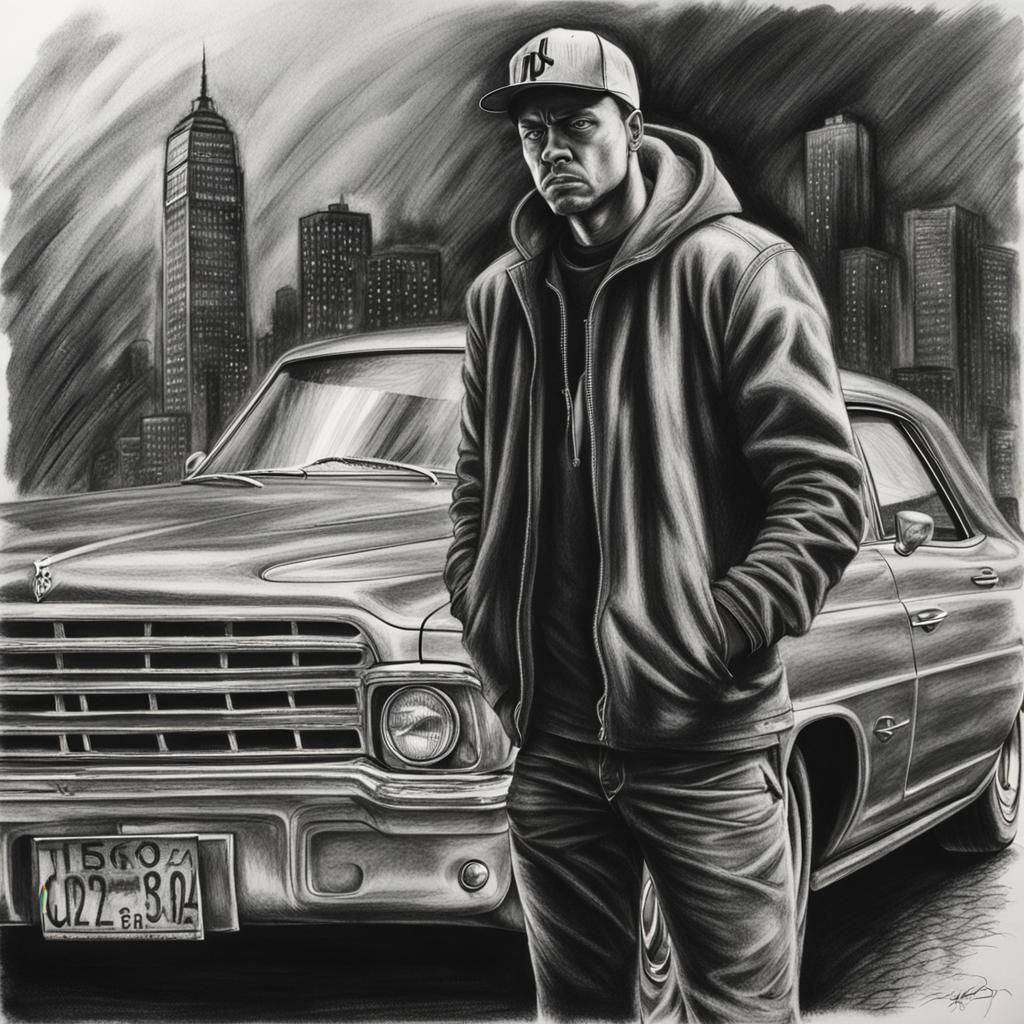 Gangster Near USA Car in Hyperdetailed Charcoal Drawing