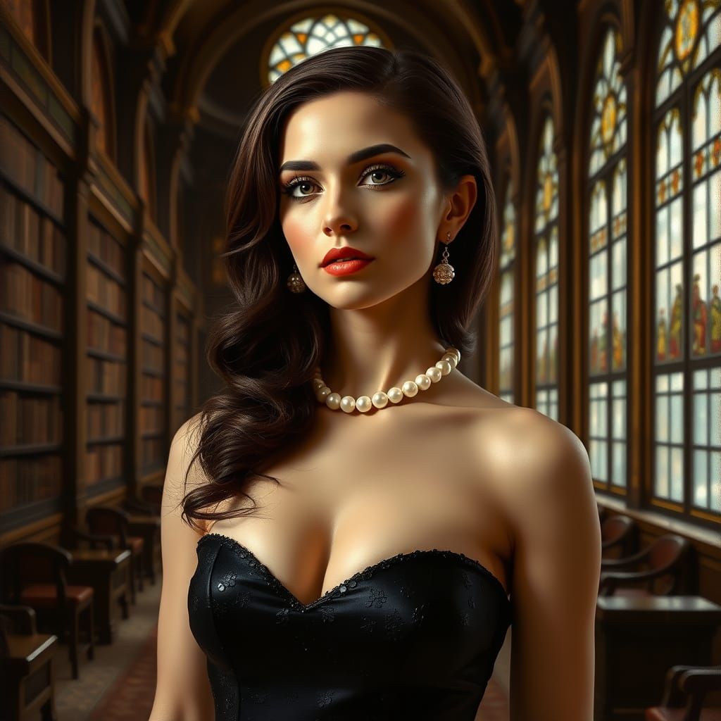Brunette in Gown and Pearls: Oil Painting Style