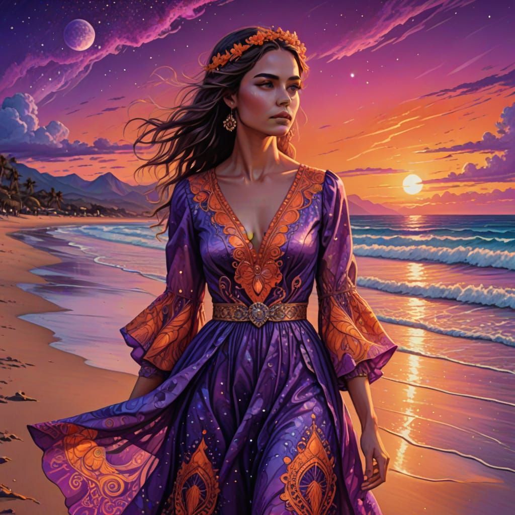 Ethereal Cosmic Beauty in Vibrant Purple and Orange