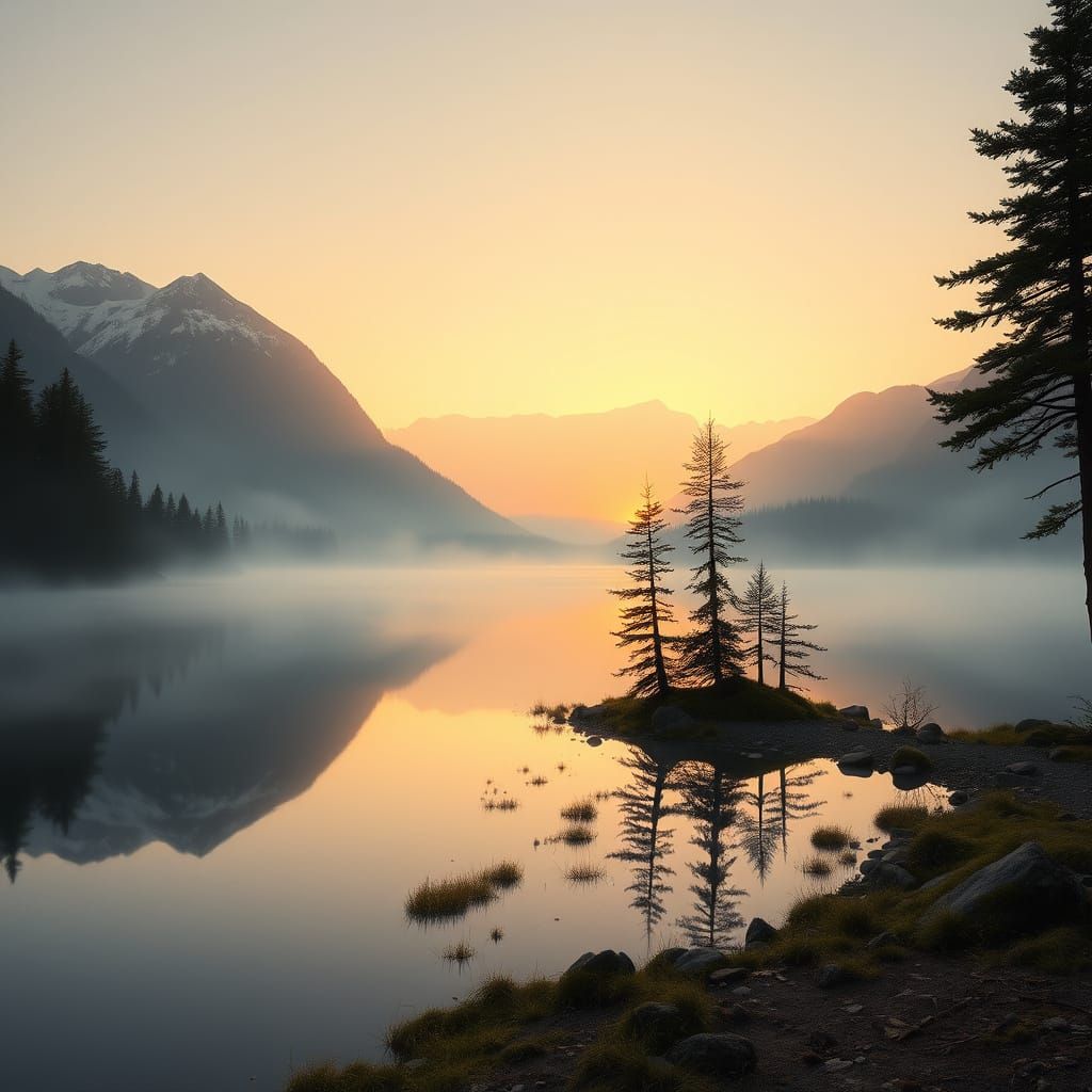 Golden Sunrise Over Serene Mountain Lake and Misty Peaks