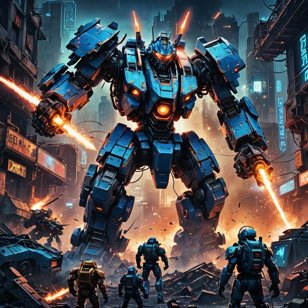 Mecha Clash in Ruined City: Sci-Fi Digital Art