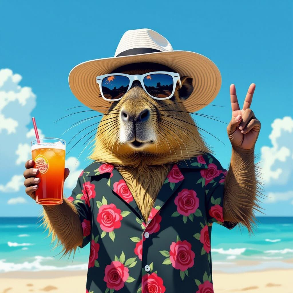 Capybara Relaxing on Beach in Hawaiian Shirt