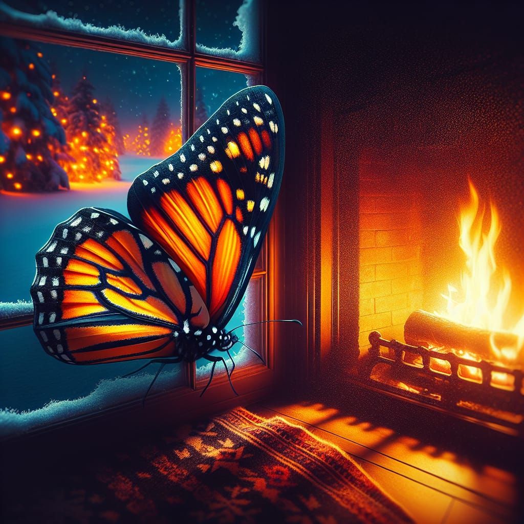 Winter Monarch Butterfly by Cozy Fireplace