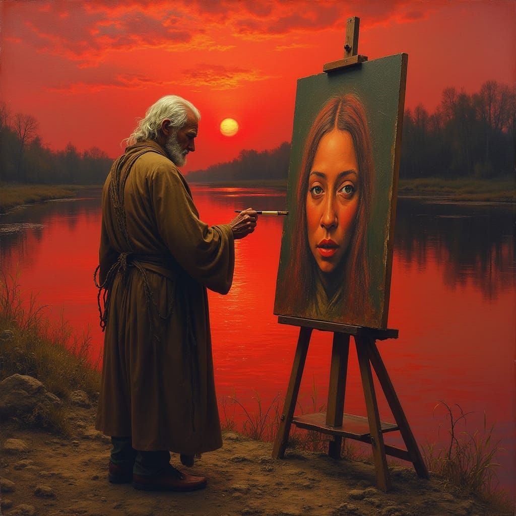 Elderly Artist Creates Haunting Masterpiece Along Crimson Ri...