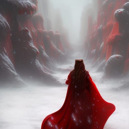 Woman in Red Cape Amid Winter Snow