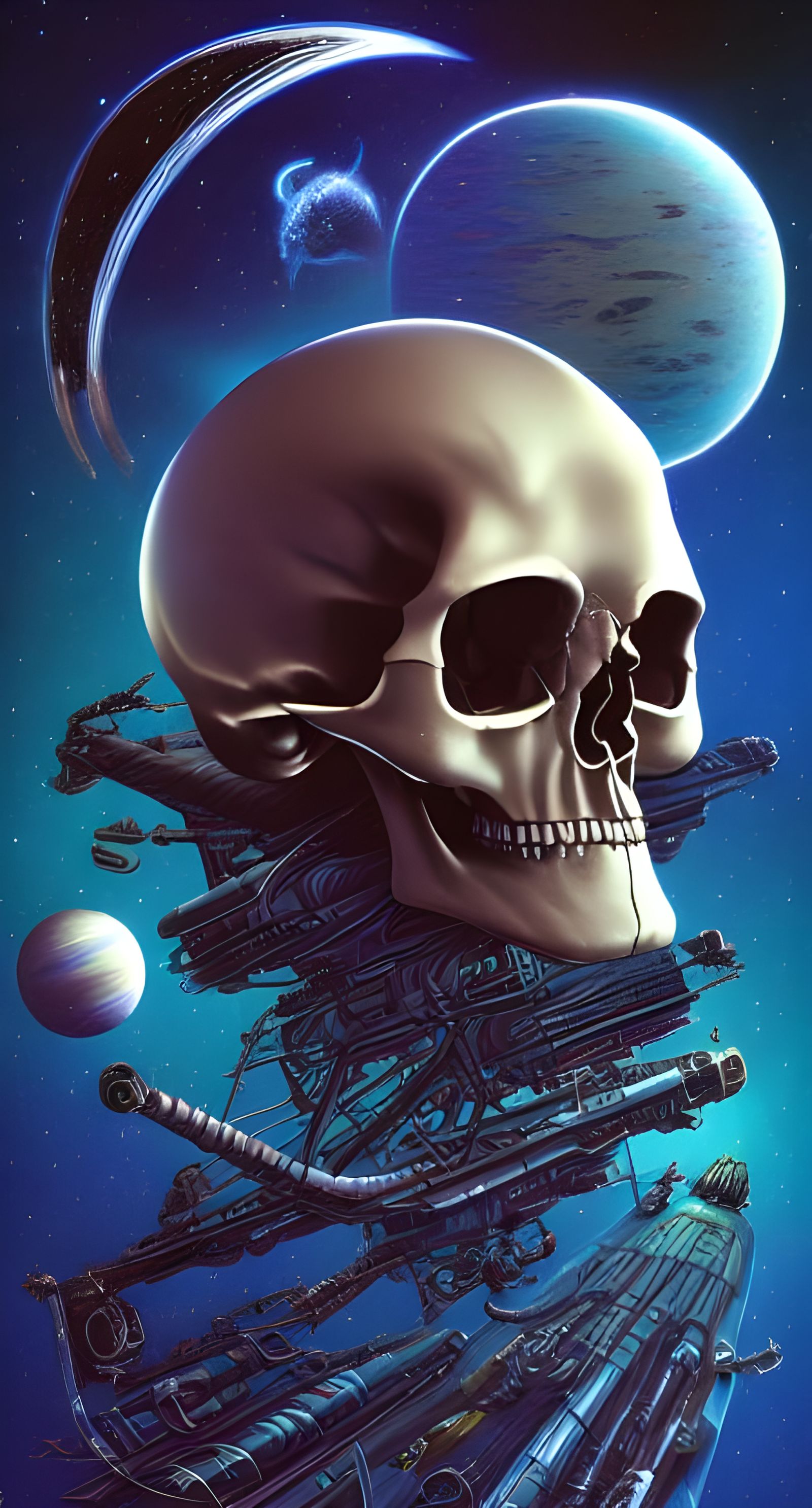 Skull in Space with Spaceships, Surreal Digital Art