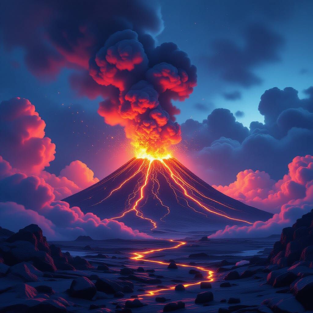 Cinematic 3D Volcano Eruption with Neon Clouds