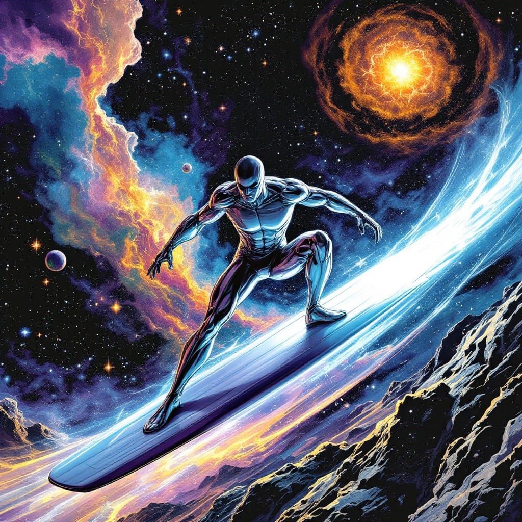Cosmic Surfer in Metallic Costume Rides Spaceboard