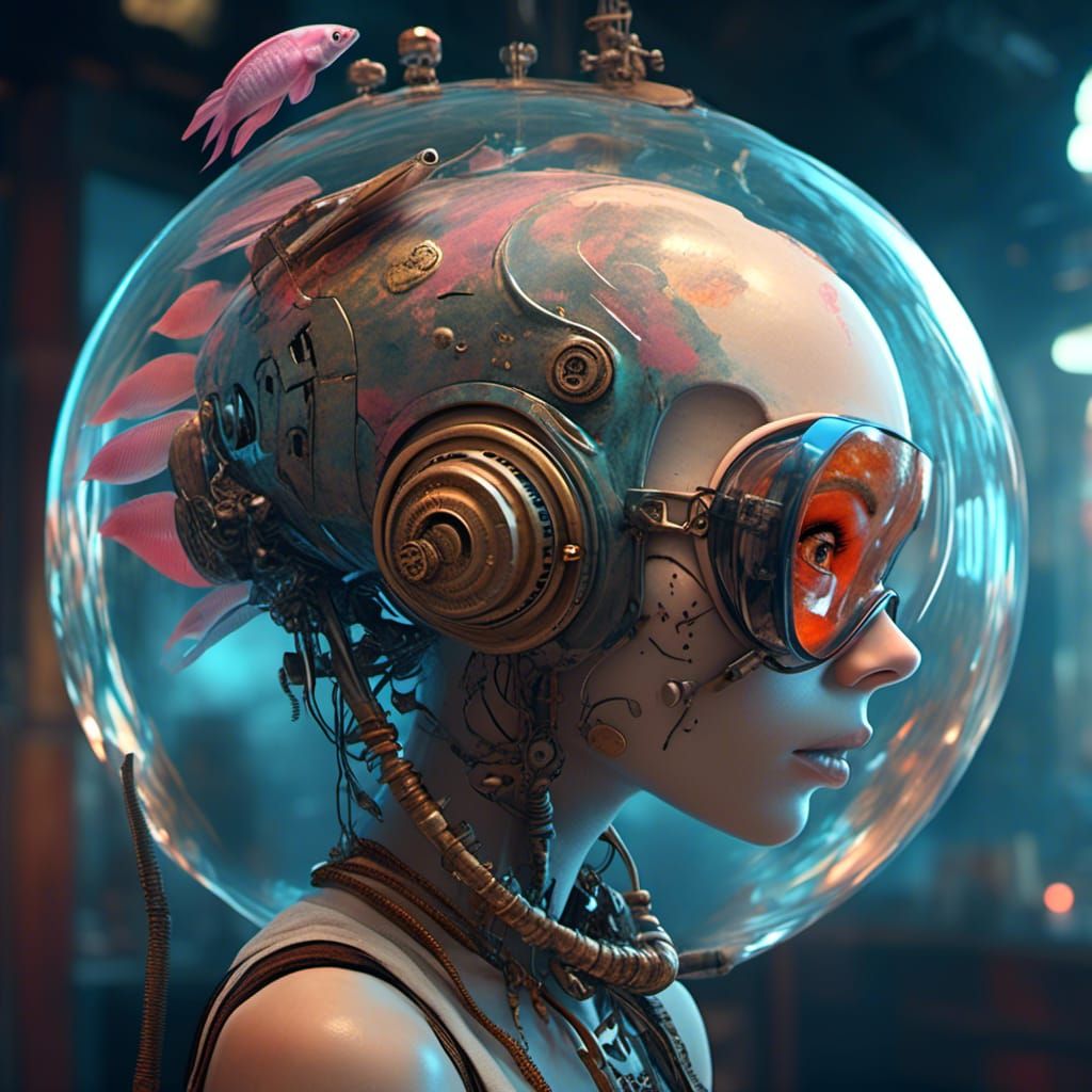 Cyberpunk Cyborg with Fishbowl Helmet, Photorealistic