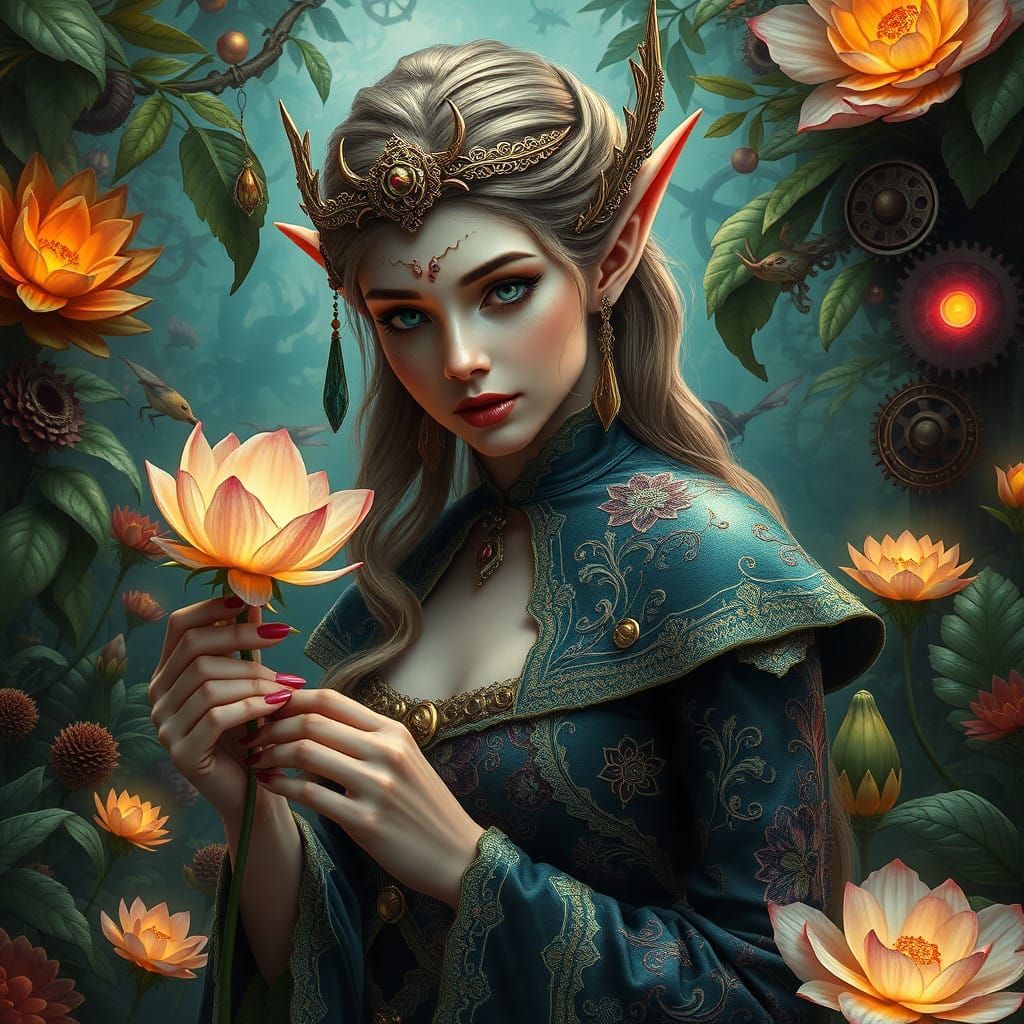 Ethereal Elf Lady in Vibrant Garden, Magical Cyberpunk Style
