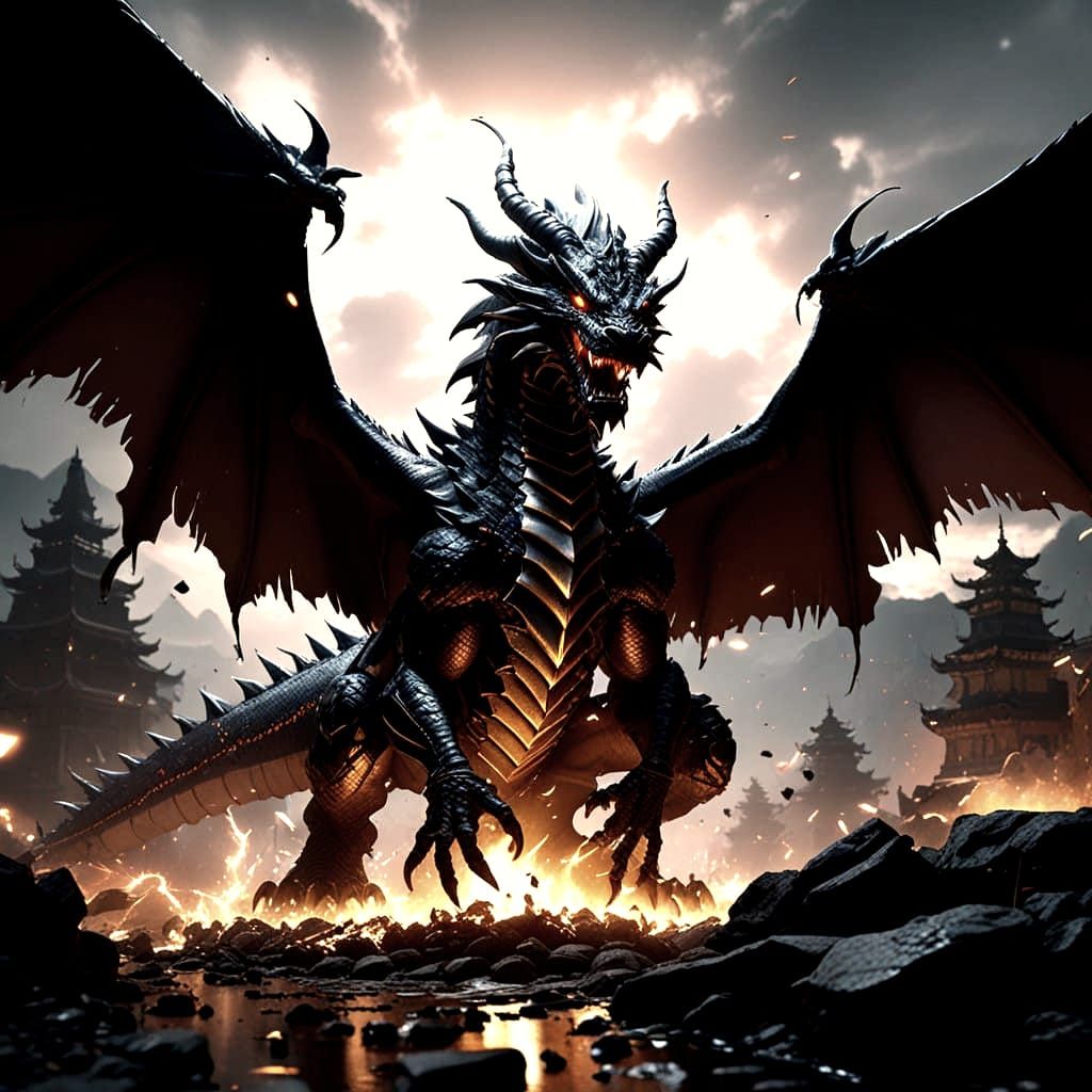 Surreal Dragon God Battles Army in Epic Anime Art