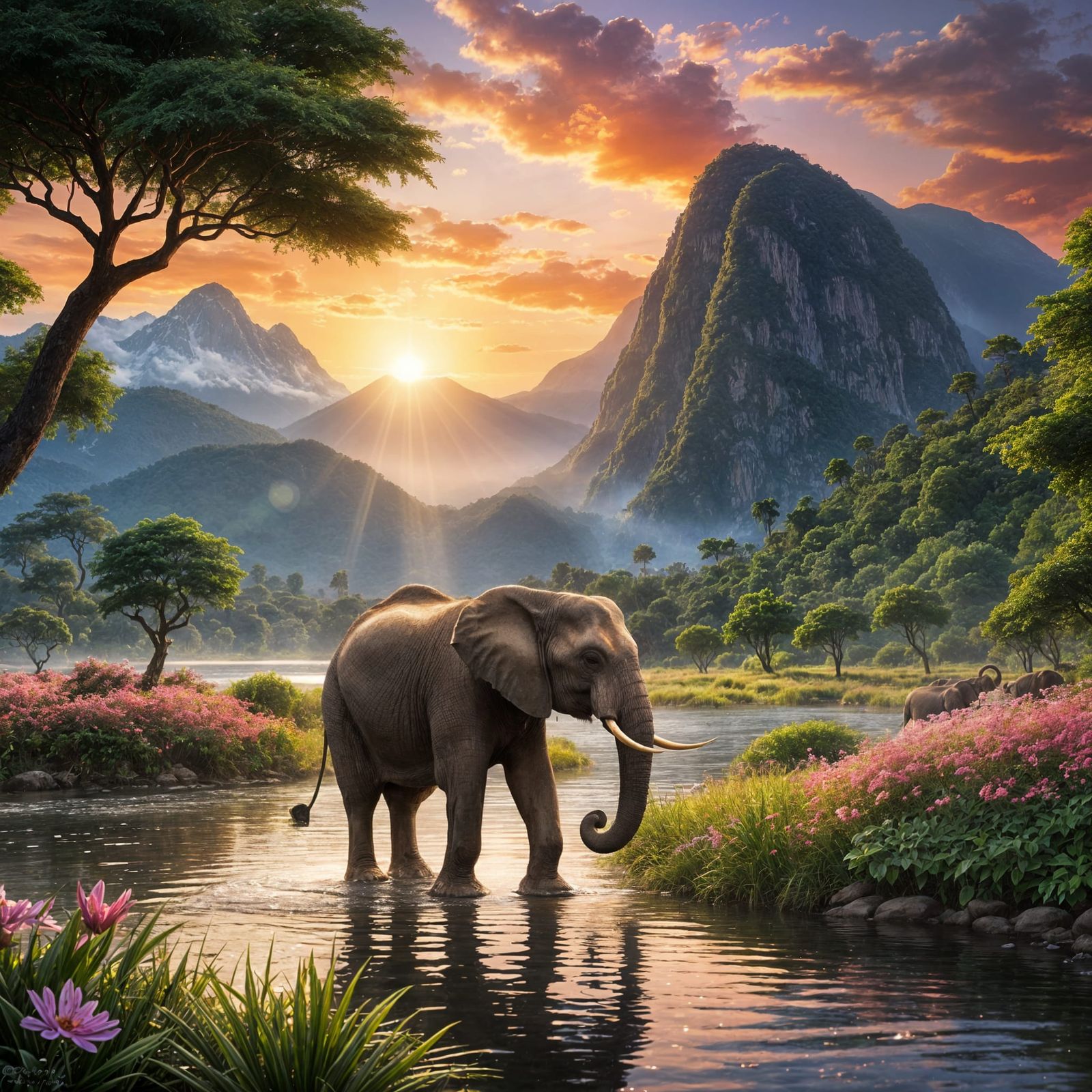 Majestic Elephant Plays in Sunset Glowing River