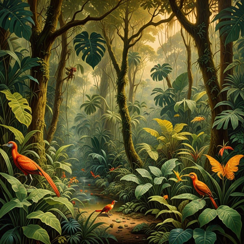 Lush Jungle Scene in Victorian Style Oil Painting