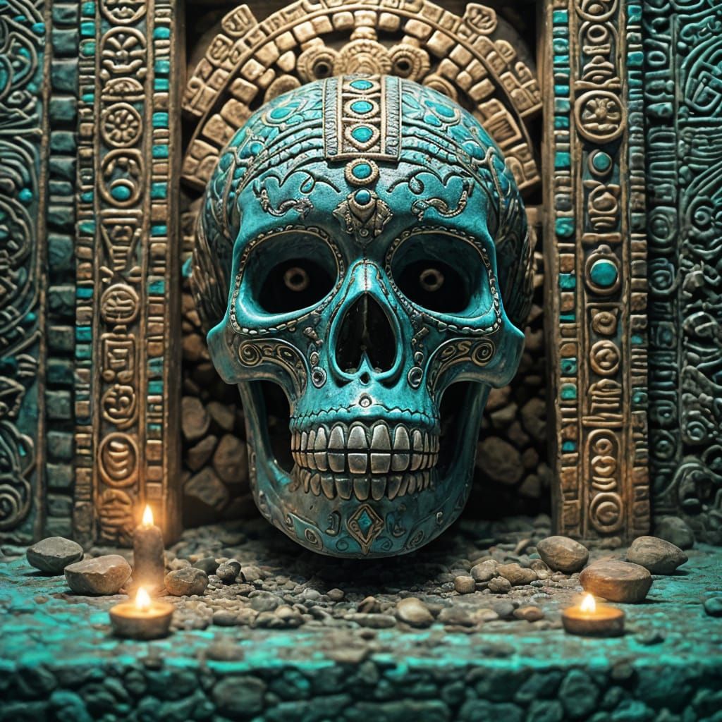 Aztec Tomb with Skeleton and Turquoise Gems