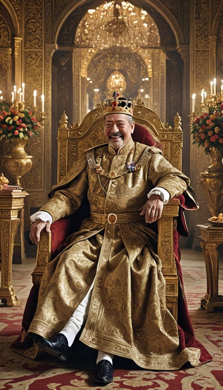 King Laughing in Palace: an Impressionist Gouache Painting